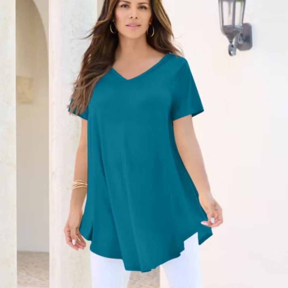 Roaman's Teal Swing V-Neck Tunic Top 14/16